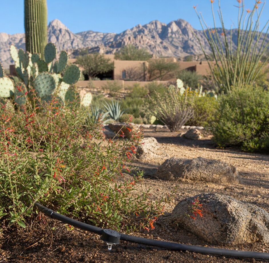 Drip irrigation detail for a Tucson landscape