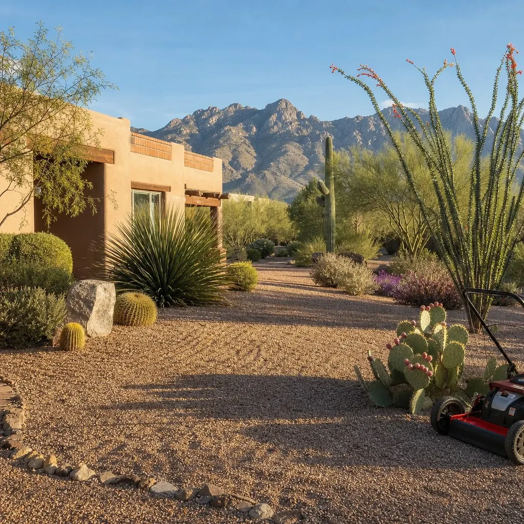 Mowing an established lawn on a Tucson property